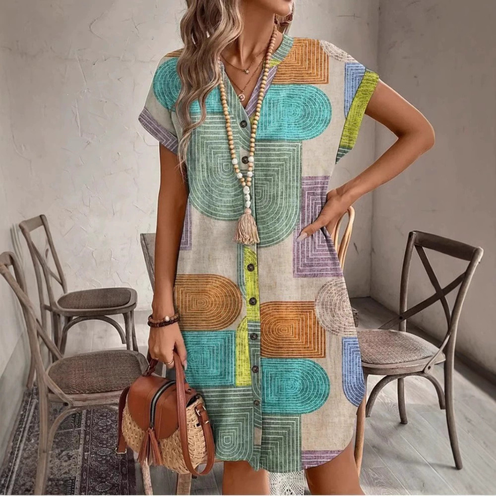 Forever 21 Elegant Summer Geometric Print Button Neck Dress